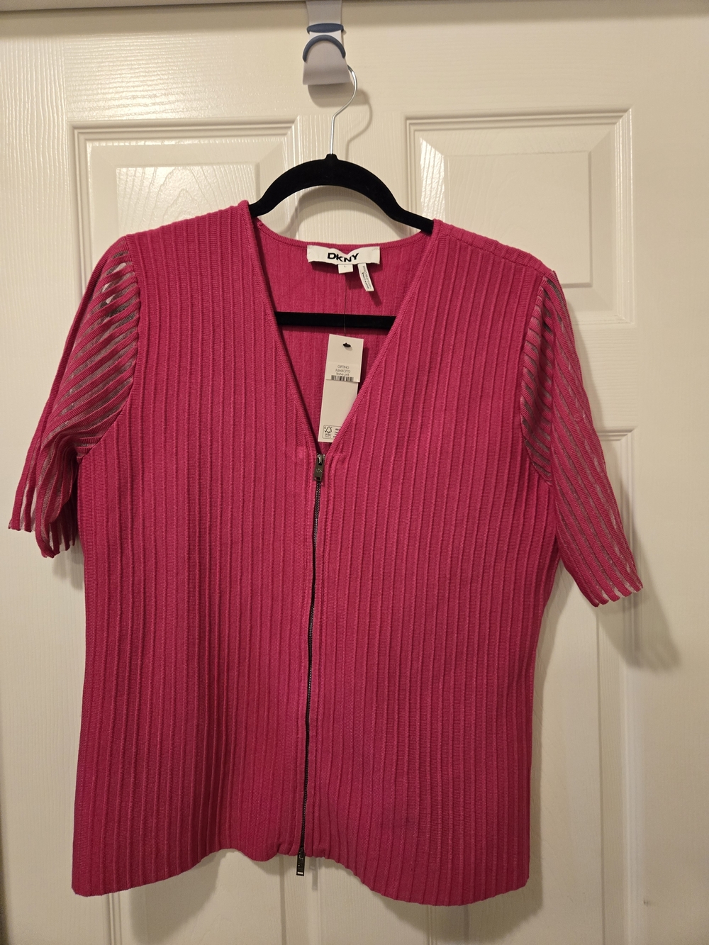 DKNY Hot Pink Ribbed Zip-Front Top